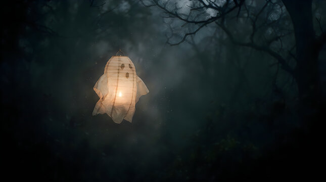 Spooky Halloween ghost lantern glowing in dark misty woods, eerie white spirit floating in night forest, mysterious phantom light for seasonal horror decor for halloween 4k