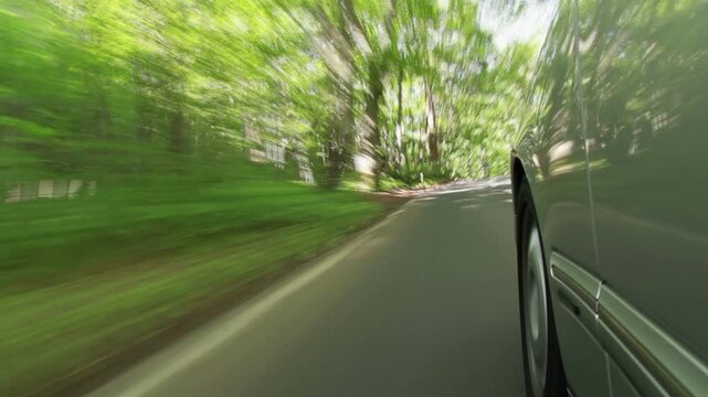 走る車と流れる新緑の風景