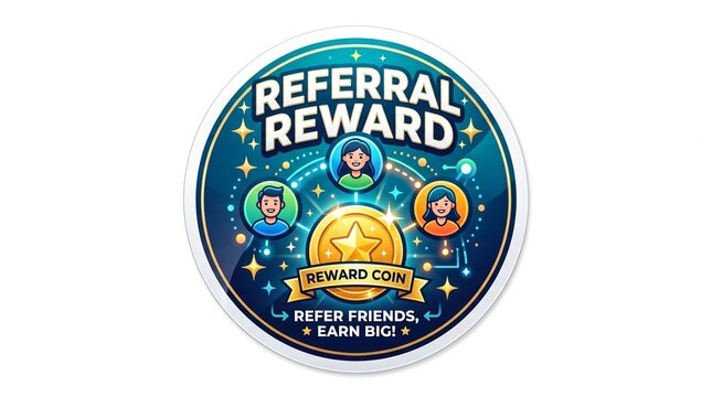 Circular referral reward badge with gold star coin, social network icons, and dark cosmic background