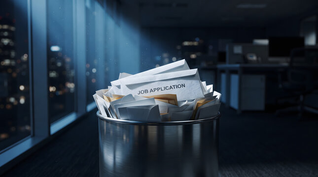 A job application letter sits discarded inside a metal waste bin in a dark, empty corporate office at night. Moonlight shines through the window, highlighting themes of career rejection, unemployme...