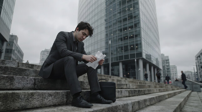 A depressed businessman in a dark grey suit sits on outdoor concrete steps in front of a modern skyscraper, looking down at a crumpled paper document with a stressed expression after receiving bad...