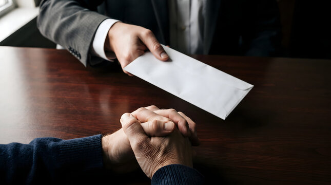 Close-up photo of a business man in a suit passing a white envelope to another person with clasped hands over a dark wooden table, representing a secret transaction, bribe, payoff, or resignation l...