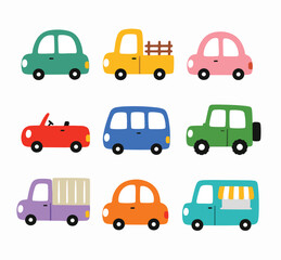 Fototapeta premium Cute cartoon car icon set. Colorful hand drawn vehicles for kids design projects.