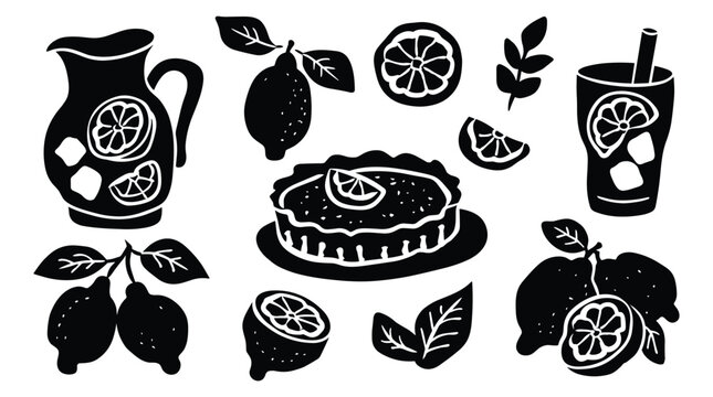 Set of black silhouette icons depicting lemonade pitcher drink pie slices lemons leaves and berries ideal for summer refreshment and healthy beverage themes.