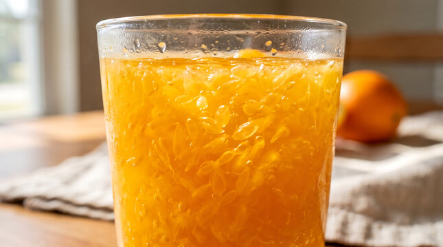 Freshly Squeezed Orange Juice Filled with Juicy Citrus Pulp Sacs in Clear Condensation Covered Glass Close-Up