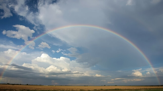 Rainbow sky cloud field blue arch vibrant calm