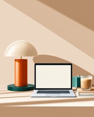 Fototapeta premium Minimal home office desk with laptop, lamp and coffee in warm natural light for remote work
