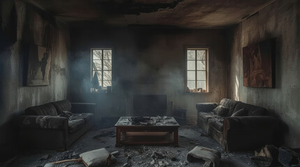 Fototapeta premium Burned living room with charred furniture and smoky light