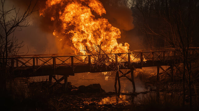 Burning wooden bridge collapsing into bright flames, dramatic orange fire engulfing walkway