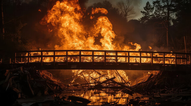 Burning wooden bridge collapsing into towering flames, dramatic smoke and reflection