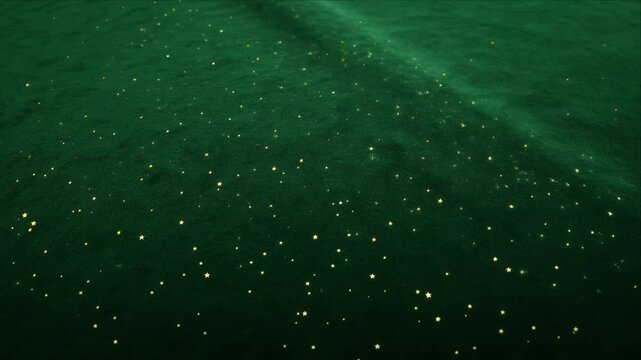 Green Christmas background with scattered star pattern and soft glow, elegant festive fabric texture for holiday design and gift wrapping, sparkling dark textile background with gold star pattern