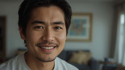 Naklejka premium Smiling Asian father close up portrait natural joyful expression
