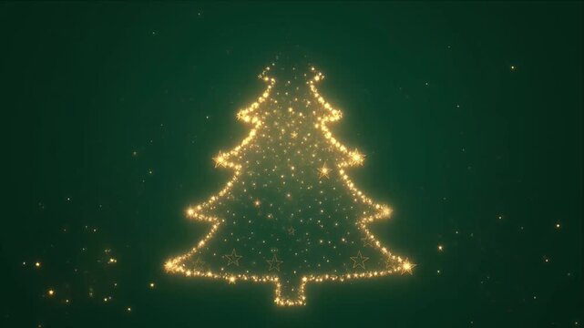 Christmas tree glowing gold star sparkle on green background with festive light trail and elegant holiday celebration mood