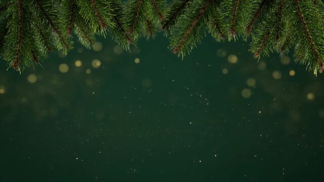Christmas Evergreen Branch Green Background Bokeh Light Festive Frame Pine Needles Holiday Backdrop Winter Decoration Copy Space with Soft Glow for Seasonal Celebration and Greeting Card Design