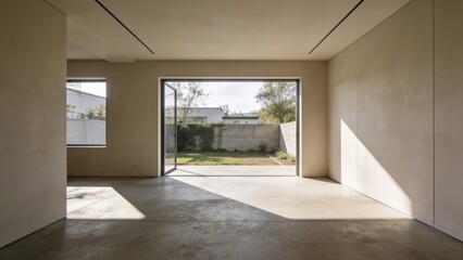 Fototapeta premium Modern minimalist room opening to landscaped courtyard, warm sunlight, beige walls, concrete flooring, 3D visualization.