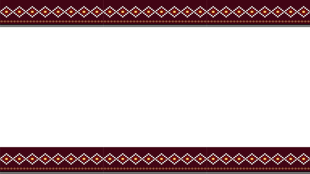 Traditional ethnic border frame, maroon geometric tribal pattern on white background, cultural textile ornament for invitation design