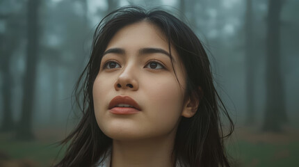 Obraz premium Close up face Asian woman enjoying fresh morning air serene expression cinematic portrait