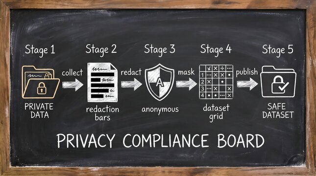 Data privacy compliance flowchart on chalkboard. Security workflow diagram for business.