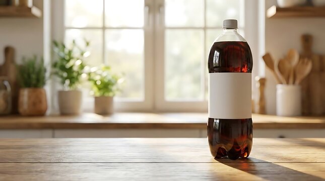2 liter soda bottle with a blank white label standing on a wooden kitchen table with natural sunlight streaming through a window in the blurred background