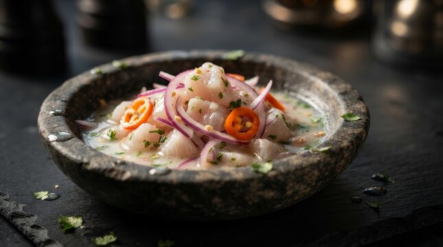 Traditional Peruvian Ceviche featuring fish chunks in leche de tigre citrus marinade with onion and aj&iacute;.