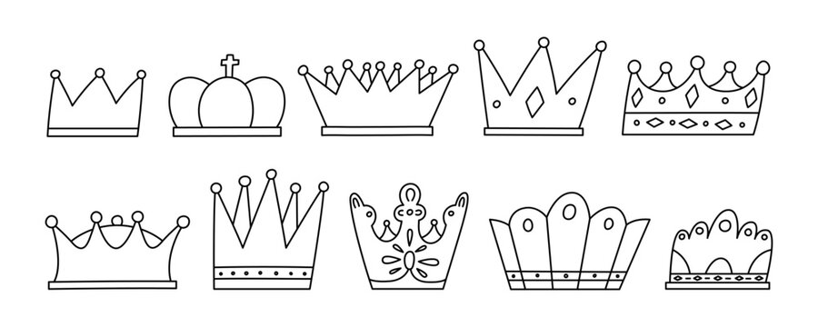 Doodle Crown Sticker Set. Queen and King Crown Icon Kit. Outline Coloring Crown Collection. Hand Drawn Vector Illustration