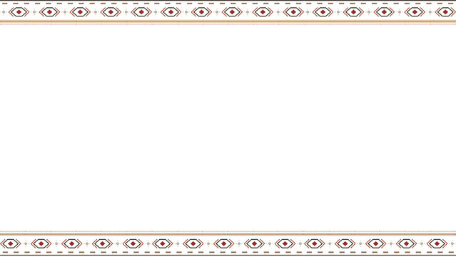 White background with traditional red and beige geometric pattern borders at the top and bottom