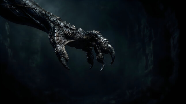 Dark monster claw reaching out, zombie hand with sharp talons, horror themed creature limb against black background, spooky digital art concept for Halloween design for halloween 4k