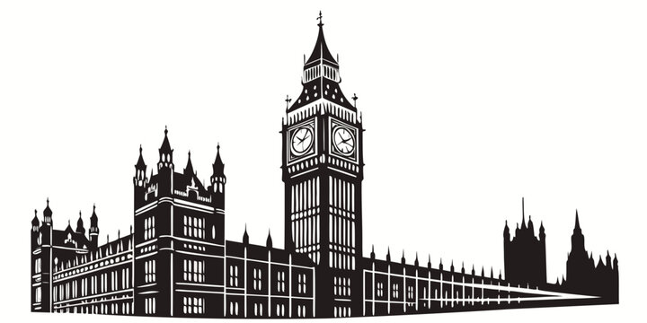 Black and white silhouette of historic clock tower, big ben, london