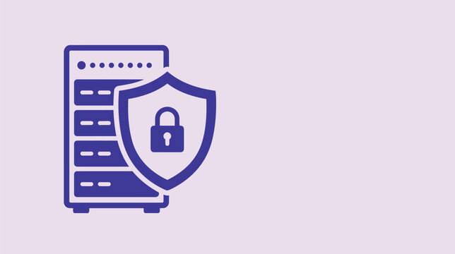 Secure server with shield and padlock icon for cyber security, protected database, cloud hosting defense, encrypted network, firewall protection and secure digital infrastructure.