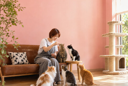 Smiling young woman feeding treats to five cats with large pink copy space