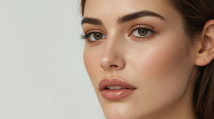 Fototapeta premium Close up portrait of woman applying contour makeup for sculpted cheekbones and luminous skin