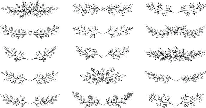 Hand drawn floral dividers set, 15 black ink botanical laurel branches, rustic wedding invitation borders, minimalist leaf vector elements