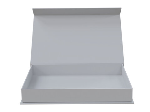 3D Blank rigid gift box mockup with open magnetic lid isolated on a background. Premium packaging template for luxury branding, product presentation, print design, retail packaging and marketing.