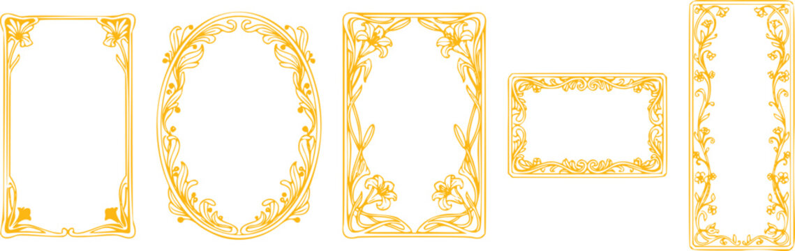 Vintage gold floral frames set, elegant art nouveau borders for wedding invitations, 5 decorative yellow vector frame elements
