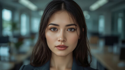 Fototapeta premium Asian businesswoman portrait with confident expression in modern office setting