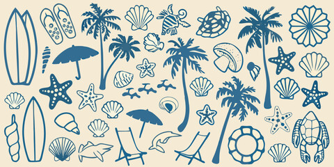 Coastal Elements Illustration Featuring Surfboards Seashells And Palm Trees © Sudebi