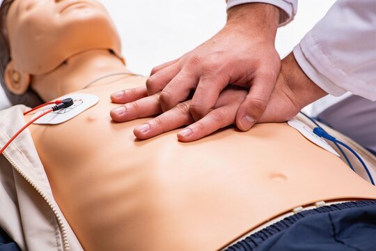 A medical professional performs chest compressions on a CPR training mannequin with AED pads.