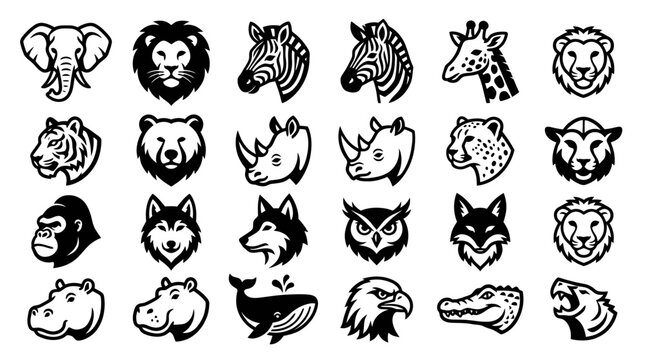 Grid of black and white animal head icons.