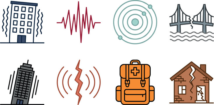 Earthquake Natural Disaster Icon Set Featuring Shaking Buildings Broken Bridge Wave Ground Crack And Backpack Vectors