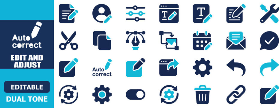 Edit and adjust icon set featuring auto correct, settings, design tools, and document editing concepts for software