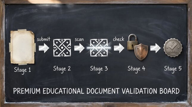 Process diagram on a dark chalkboard. Visual workflow for document validation and security.