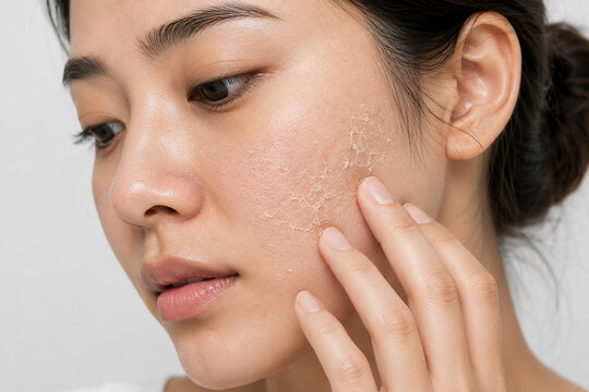 Close-up of Asian woman with dry flaky skin on cheek, dehydration and facial skincare problem concept