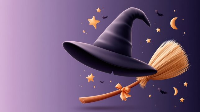 3D rendered witch hat and broomstick floating on deep purple background with stars and bats