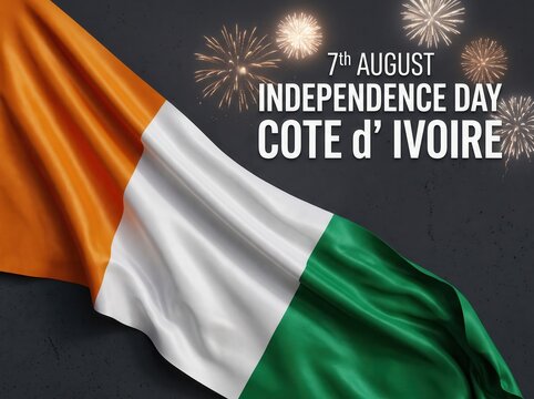 Waving flag of cote d ivoire with orange white and green vertical stripes against a dark grey background with white text celebrating 7th august independence day and glowing firework bursts