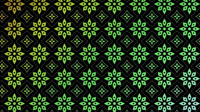 Seamless looping animation of geometric floral patterns with a green and yellow gradient on a black background, motion graphics backdrop