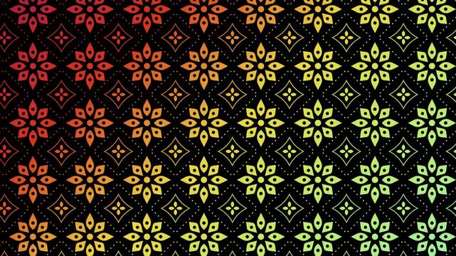 Seamless looping animation of colorful floral patterns with gradient transition on black background, modern motion graphics