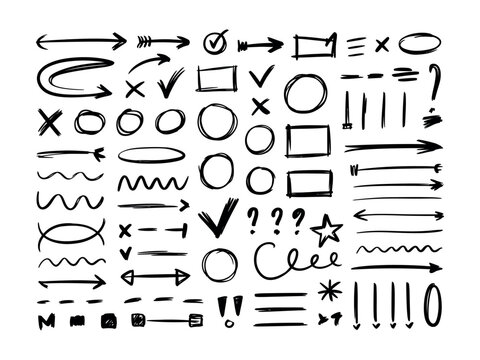 Arrow hand drawn line set. Hand drawn arrow line mark underline check brush doodle sketch highlight. Chalk marker scribble circle curve tick sign grunge blackboard background. Vector illustration
