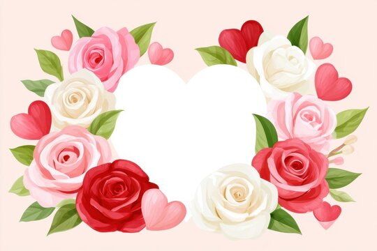 Floral heart frame with roses and decorative hearts in soft pastel tones