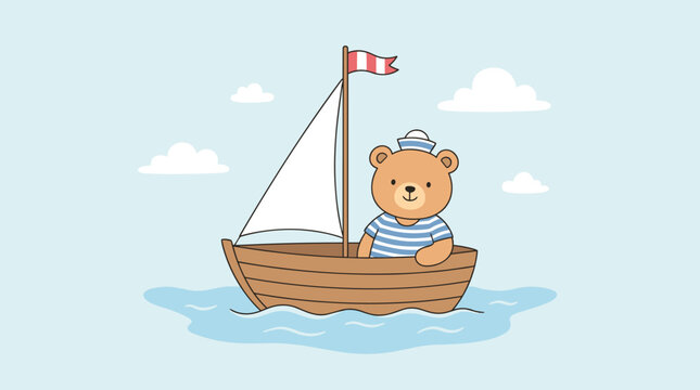 Cute Flat Style Teddy Bear Sailor in Wooden Boat on Blue Water with Clouds and Sail, Nautical Adventure Vector Illustration