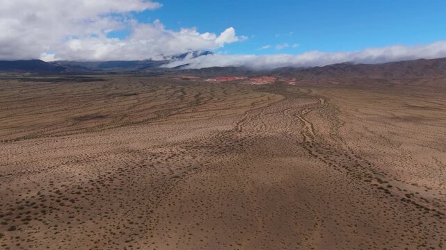 Drone panorama of expansive desert plain near Recta del Tin Tin in Salta, aerial